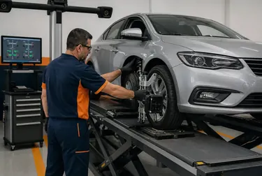 Carro em processo de alinhamento de rodas na borracharia em Simões Filho.