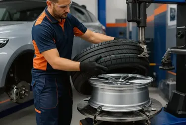 Profissional trocando pneus de um carro na borracharia em Simões Filho.