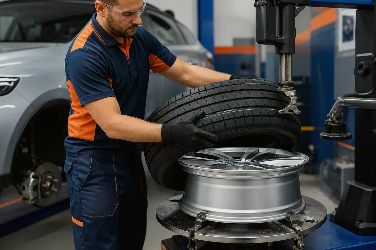Profissional trocando pneus de um carro na borracharia em Simões Filho.