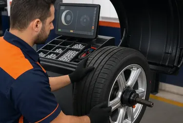 Técnico fazendo balanceamento de rodas em carro na borracharia em Simões Filho.